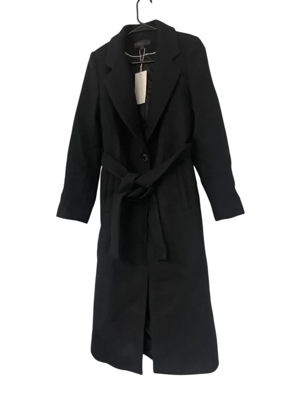 Zara Womens Belted Wool Coat Jacket Long XS Black Shoulder Pads 8535/107 NWT